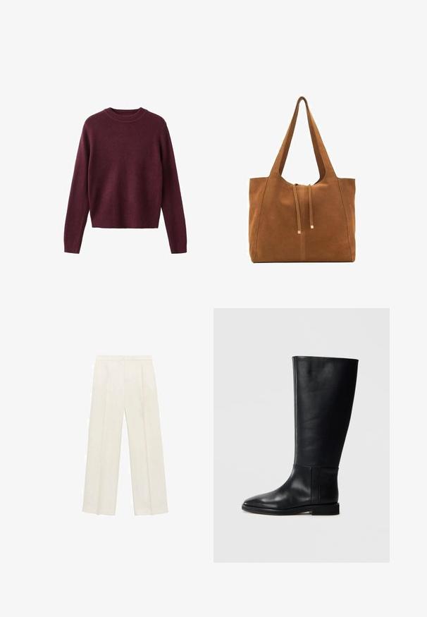 Langledig crewneck gebreide trui in donker bordeaux met geribbelde manchetten en onderrand, weergegeven op een witte achtergrond.; Wijdgevallen broeken in een lichtcrème kleur. Gemaakt van een zachte stof met plooien aan de voorkant en zijzakken.; Zwarte leren kniehoge laars met een ronde neus, een gladde textuur, een minimalistisch ontwerp en een platte zool. Eenvoudige stikdetails op de schacht.; Bruine suède schoudertas met twee lange hengsels, trekkoordsluiting en minimalistisch ontwerp. Gladde textuur en geen zichtbare hardware-accenten.