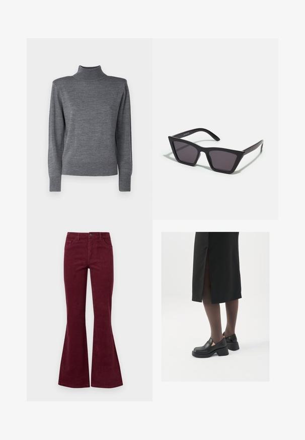 Sivi pulover s visokim ovratnikom od pletene tkanine, s dugim rukavima, prilagođenim oblikom te rebrastim manžetama i ovratnikom.; Bordo kord ženske traperice s pet džepova, prednjim dugmadi i teksturiranim materijalom. Odozdo od koljena do rubova su proširene.; Crne kožne cipele s zaobljenim vrhom, debelim blok petama i elastičnim bočnim detaljima, uparene s tamnim čarapama i crnom suknjom s prorezom.; Crne, uglaste sunčane naočale sa sivoj lećama; izrađene od plastike, imaju debele nogice s glatkom površinom i bez vidljivih metalnih dijelova.