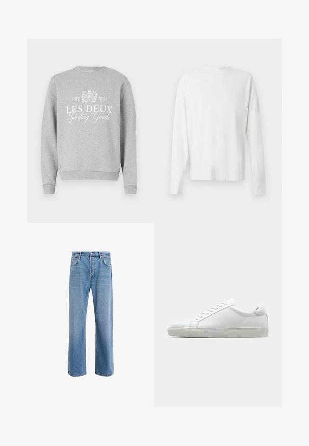 Světle šedá mikina s kulatým výstřihem, na které je bílý potisk s textem "LES DEUX Sporting Goods" a logem. Hladké žebrované rukávy a spodní lem.; Bílá bavlněná košile s dlouhým rukávem a kulatým výstřihem, s bočními rozparky na spodní části a hladkým povrchem, vystavená zezadu.; Světle modré džínové kalhoty s rovnými nohavicemi, pěti kapsami, zapínáním na knoflík, minimálním vyblednutím a kontrastním prošitím.; Bílé tenisky s hladkým koženým svrškem a nízkým profilem. Mají zaoblenou špičku, šest nýtů a texturovanou gumovou podrážku.