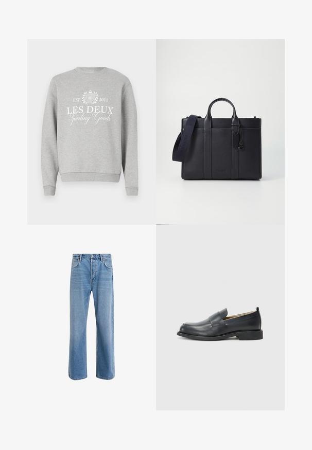 Sweatshirt gris clair à col rond, avec le texte imprimé en blanc "LES DEUX Sporting Goods" et un logo. Manches et ourlet côtelés.; Jeans en denim bleu clair avec une coupe droite, cinq poches, fermeture à bouton, peu d'usure et des détails de couture contrastés.; Mocassins en cuir noir avec une finition lisse, une semelle plate et un bout arrondi, ornés d'une sangle décorative sur le dessus.; Malette en cuir bleu marine foncé avec deux poignées supérieures et une sangle détachable. Présente une finition texturée, des coutures verticales et un détail de logo.