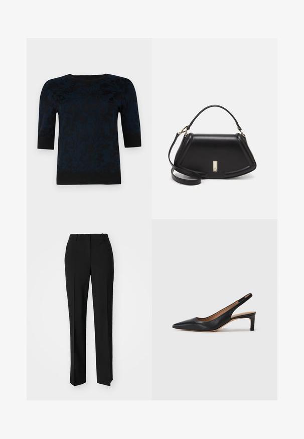 Dark navy short-sleeve sweater with a floral pattern in black, round neckline, and contrasting black cuffs and hem. Soft texture.; Black tailored trousers with a straight-leg design, featuring a smooth texture and crisp creases along the front. No visible hardware.; Black leather slingback pump with a pointed toe, low heel, and a smooth texture. Features a thin adjustable strap for a secure fit.; Black leather handbag with a structured design, featuring a cropped shape, top handle, and gold hardware accent. Adjustable shoulder strap included.