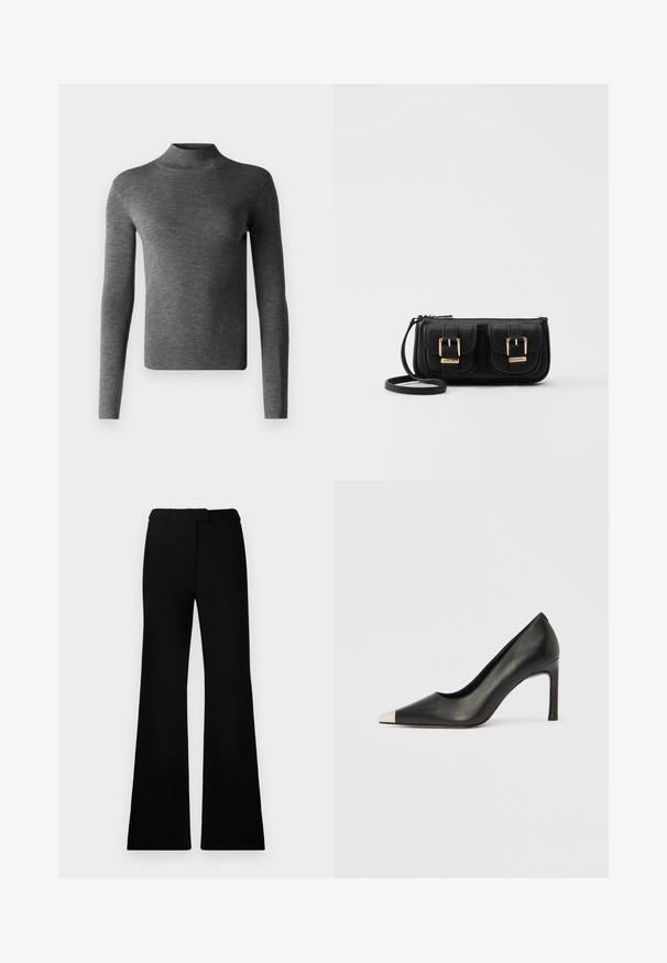 Suéter gris acanalado con un cuello alto tipo mock, mangas largas, corte ajustado y una textura suave. Presenta canalé vertical y sin adornos adicionales.; Pantalones acampanados negros con una textura suave, cintura ajustada y bolsillos frontales, diseñados con una silueta moderna y elegante.; Zapato de tacón alto de cuero negro con punta en forma de pico y una tapa metálica plateada. Presenta un acabado suave y un tacón delgado de 10 cm.; Bolso cruzado de cuero negro con dos bolsillos frontales, hebillas doradas, cierre de cremallera y una correa delgada. Superficie texturizada y forma rectangular compacta.