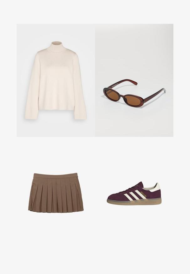 Kremasta turtleneck pulover s dolgimi rokavi, izdelan iz mehkega pletenega materiala. Ima prilegajoč ovratnik in sproščen silhuet. Brez vidnih vzorcev ali poudarkov.; Rjava plisirana mini krila z pasom in subtilnim stranskim logotipom na beli podlagi.; Bordo nubuk teniske z belimi tremi črtami in bež poudarki. Ima teksturiran gumijast podplat in zlato oznako na strani.; Okrogle, rjavo obarvane sončne naočare z sijočim burgundskim okvirjem. Tanek nosilec s subtilnim logotipom. Oblika leč je ravna.; Rjava tkana usnjena torbica s sproščenim, trikotnim oblikovanjem. Ima pleten ročaj in zadrgo na vrhu.