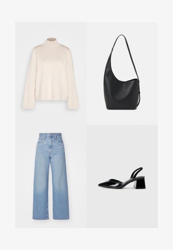 Kreemist kõrge kaelusega sviiter pikade varrukatega, valmistatud pehmest kudumisest. Omab istekaela ja lõdva siluetti. Pole nähtavaid mustreid ega aktsente.; Heledad sinine kõrge vöökohaga laiad teksad, ees nupp ja tõmblukk, ees ja taga taskud, valge tausta peal.; Mustad musta lakknahk kingad, millel on terav varvas ja geomeetriline plokkkonts. Omab elegantselt minimalistlikku disaini ja sujuvat tekstuuri.; Mustast nahast hobo kott, millel on sile tekstuur, kumer kuju ja üks reguleeritav rihm; peal on lai avaus.