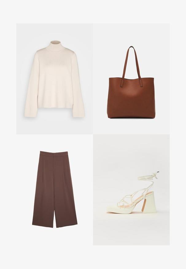 Kermanen turtleneck-pusero pitkillä hihoilla, joka on valmistettu pehmeästä neuloksesta. Siinä on istuva kaulus ja rento siluetti. Ei näkyviä kuvioita tai yksityiskohtia.; Ruskeat leveälahkeiset housut, joissa on sileä pinta, korkea vyötärö ja etupleat. Kangas on kevyttä ja laskeutuu väljänä.; Valkoinen korkokenkä, jossa on paksu korko, ja joka sisältää nauhakiinnityksen ja nilkkaketjun. Sujuva pinta, jossa on platform-etupohja lisäkorkeutta varten.; Ruskea nahkainen olkalaukku, jossa on sileä pinta, avoin yläosa ja kaksi olkahihnaa. Omaavat vain minimaalisen ompelun eikä näkyvää metalliosaa.