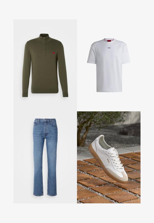 HUGO SAN QUINTUS - Pulóver - dark beige; Fehér, rövid ujjú, kerek nyakú pamut póló, fekete "HUGO" logóval a mellkason. Simára ölbe simuló anyag, laza fazon, minta nélkül.; Kék farmernadrág magas derékkal, egyenes szabású dizájnnal és enyhe kopással. Jellemzője az klasszikus öt zsebes kialakítás és cipzáras zárás.; Fehér bőr sneaker, bézs velúr részletekkel, kerek orral, fűzős elemmel és barna gumitalppal, a "BOSS" márkanevével.