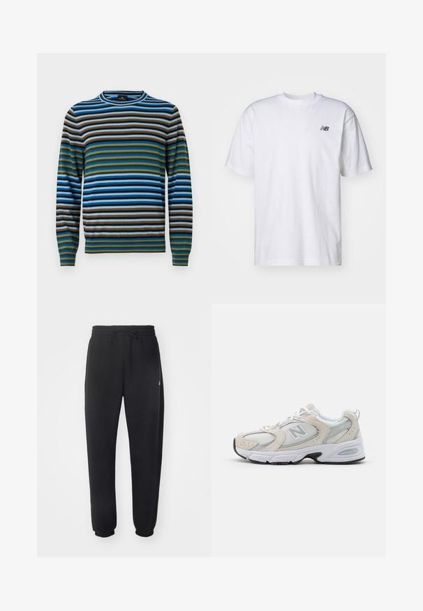 Sweter w paski z poziomymi liniami w kolorach niebieskim, zielonym, brązowym i szarym; wykonany z miękkiego materiału, z okrągłym dekoltem i ściągaczami na rękawach.; Biała, krótka koszulka z okrągłym dekoltem z krótkim rękawem z małym czarnym logo New Balance na lewej piersi na jednolitym tle.; Czarne dresy wykonane z miękkiego materiału, z elastycznym pasem, sznurkiem i zwężanymi mankietami, z subtelnym logo po boku.; Buty sportowe z jasnoszarym meshem i zamszowymi akcentami, białymi sznurówkami i czarną gumową podeszwą. Zauważalny detal poduszek ABZORB.