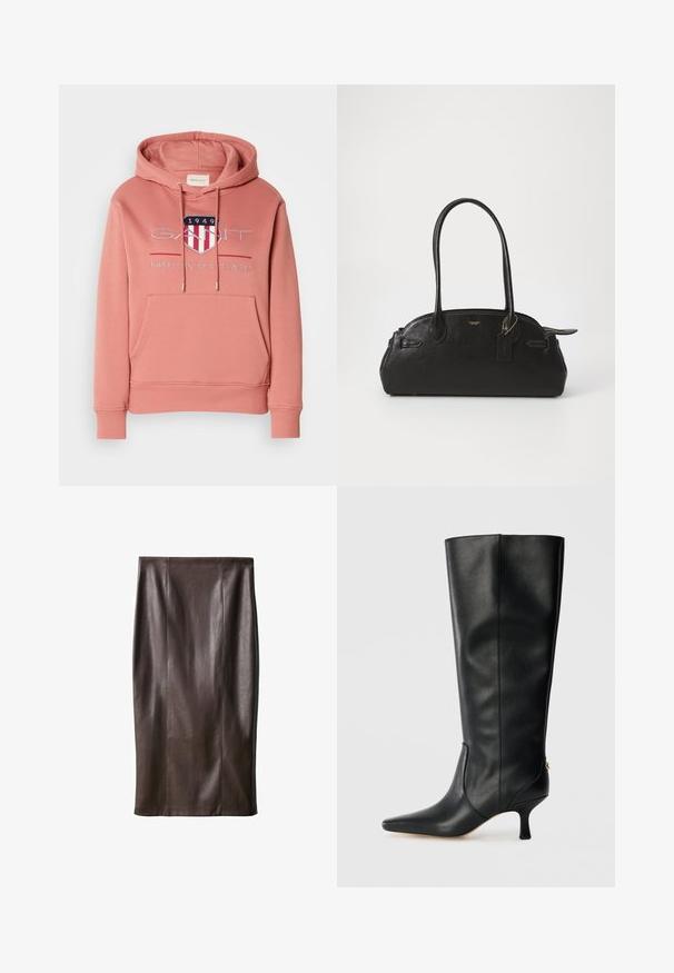 Roze hoodie met een kangoeroezak, trekkoordcapuchon en geborduurd logo met een schild met rode en witte strepen. Zachte stof.; Bruine leren kokerrok met een gladde textuur, knie-lang, met verticale naden voor het ontwerp. Geen extra hardware of accenten.; Zwarte leren kniehoge laars met een spitse neus, slank ontwerp en een taps toelopende hak van 7,5 cm. Voorzien van een gouden accent aan de achterkant.; Zwarte leren handtas met een ronde vorm, twee lange handvatten, gouden hardware en een klein label bevestigd. Ritsopening aan de bovenkant.