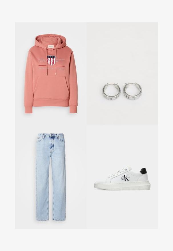 Felpa rosa con tasca a marsupio, cappuccio regolabile con coulisse e logo ricamato con uno scudo a strisce rosse e bianche. Tessuto morbido.; Jeans a gamba larga di un blu chiaro, realizzati in denim, con vita alta, lavaggio sbiadito e un sottile motivo tie-dye sulla parte anteriore.; Sneaker bassa bianca con tassello nero sul tallone, suola a piattaforma, lacci e logo "CK" di Calvin Klein sul lato.; Orecchini a cerchio in argento con un design testurizzato caratterizzato da scanalature verticali. Forma circolare con una chiusura a scatto sicura. Finitura liscia.