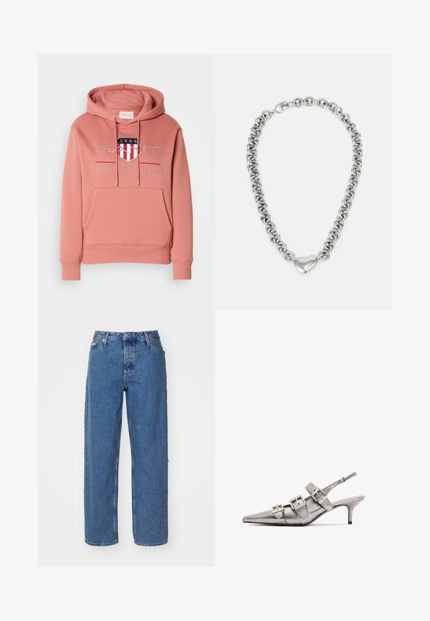 Rosa Hoodie mit Kängurutasche, Kapuze mit Kordelzug und gesticktem Logo, das ein Schild mit roten und weißen Streifen zeigt. Weicher Stoff.; Helle blaue Denim-Jeans mit hoher Taille, geradem Bein, fünf Taschen und leicht ausgewaschener Textur. Nieten- und Knopfverschluss.; Metallisch silberner Slingback-Absatzschuh mit spitzem Zehenbereich, ausgestattet mit drei breiten Riemen und quadratischen metallischen Schnallen. Glänzende Textur und schlanker Absatz.; Silberne Halskette mit miteinander verbundenen runden Gliedern und einem polierten, herzförmigen Akzent in der Mitte. Sicherer Verschluss inklusive.