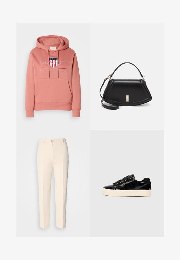 Haut à capuche rose avec une poche kangourou, capuchon à cordon de serrage et logo brodé représentant un bouclier avec des rayures rouges et blanches. Tissu doux.; Pantalons taille haute couleur crème en tissu texturé. Dotés d'une fermeture à bouton à l'avant et de jambes fuselées.; Baskets en cuir verni noir avec une semelle plate crème. Présentent des lacets noirs, des œillets dorés et un détail de logo sur le côté. Design de bout arrondi.; Sac à main en cuir noir avec un design structuré, featuring une forme cropped, une poignée supérieure et des accents en matériel doré. Bandoulière réglable incluse.