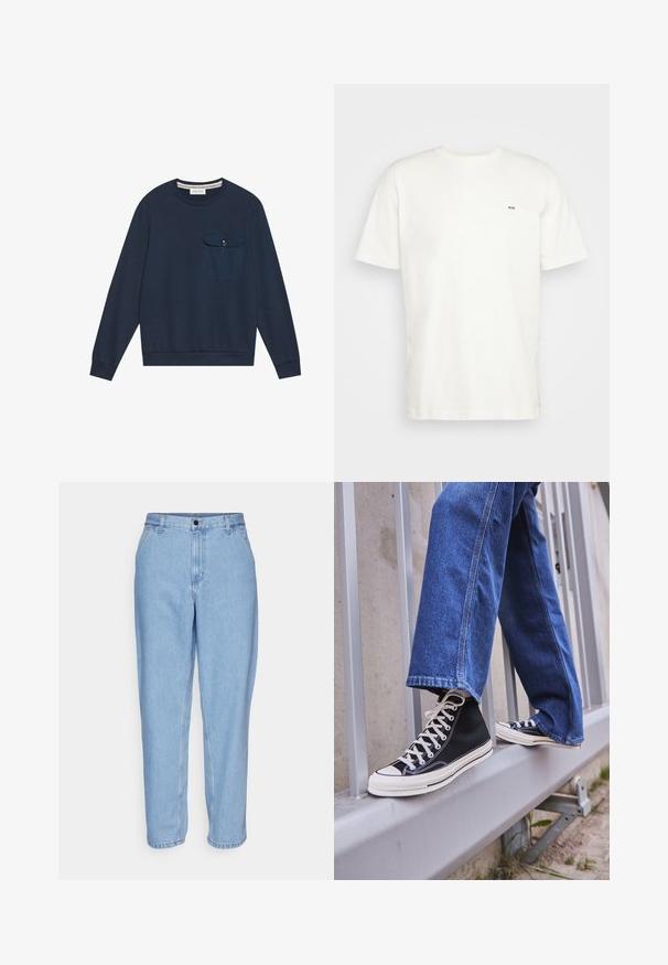 Sötétkék pulóver puha, texturált anyagból. Bordázott kerek nyakkal, hosszú ujjakkal és gombos zsebbel rendelkezik a mellkasán.; Fehér pamut póló kerek nyakkivágással, rövid ujjakkal és egy kis fekete "W.W." logóval a bal mellen. Simaságot biztosító textúra, normál szabás.; Világoskék farmernadrág, laza szabású, magas derékkal és egyenes lábakkal. Elöl zsebekkel és fém gombos záródással rendelkezik.; Fekete magasszárú sportcipők fehér talppal és fűzővel, laza kék farmernadrággal párosítva, egy szürke korlát tetején pihenve.