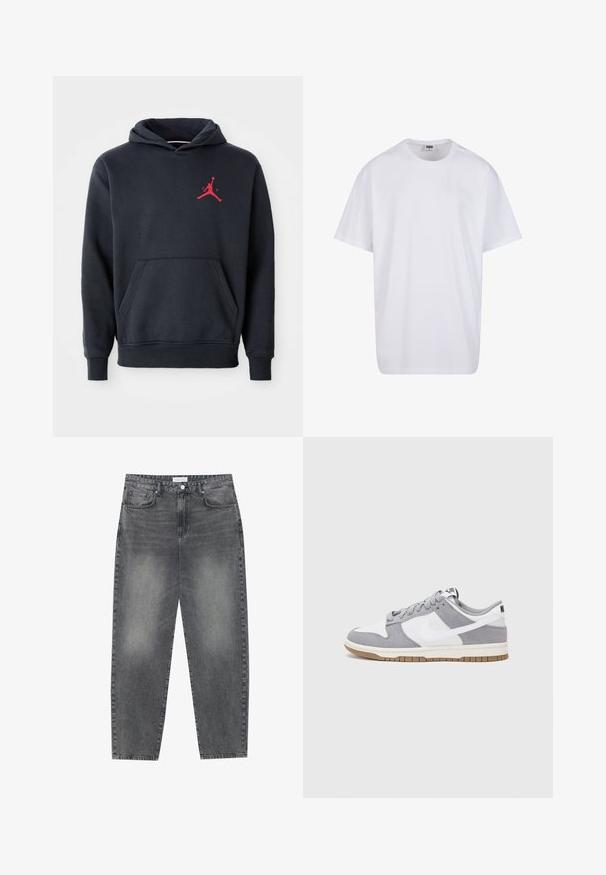 Granatowy hoodie wykonany z miękkiego materiału, z kieszenią kangurzą i czerwonym logo Jumpman na klatce piersiowej. Klasyczny design z kapturem ze sznurkiem.; Biała bawełniana koszulka z krótkimi rękawami, okrągłym dekoltem, luźnym krojem i bez widocznych logo lub wzorów. Gładka tekstura i minimalistyczny design.; Jeansy z wysokim stanem, luźne, w wyblakłym czarnym deninie. Posiadają pięć kieszeni, szlufki na pasek oraz prosty, klasyczny krój nogawek.; Szare i białe trampki z zamszową i skórzaną cholewą, okrągłym noskiem, płaskimi sznurówkami i gumową podeszwą z akcentem w kolorze gumy.