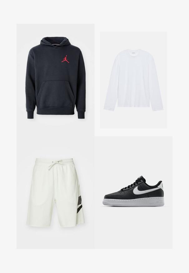 Navy sininen huppari pehmeästä kankaasta, jossa on kengurutasku ja punainen Jumpman-logo rinnassa. Klassinen malli, jossa on nyörihuppu.; Valkoinen pitkähihaisten t-paita, joka on valmistettu puuvillasta. Siinä on klassinen pyöreä pääntie ja laskeutuvat olkasaumat, sekä sileä, yksinkertainen pinta.; Vaaleanharmaat puuvillashortsit, joissa on joustava vyötärö ja säädettävä naru, sekä musta Nike-logo vasemmalla puolella.; Musta nahkakengät, joissa on teksturoitu pinta, valkoinen Nike -logo, harmaa pohja, pyöreä kärki ja nauhakiinnitys. Varustettu rei'illä kärkilaatikossa.