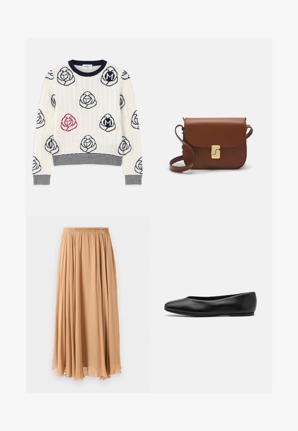 Knit sweater in cream with navy and red rose patterns. Features a ribbed neckline and cuffs, and horizontal striped hem.; Maxi skirt in light beige, made of flowy fabric. Features a gathered elastic waistband and soft pleats for movement.; Paul Smith TOPANGA - Ballet pumps - black; Brown leather handbag with a flap closure, gold-tone hardware, a shoulder strap, and a smooth texture. Compact rectangular shape.