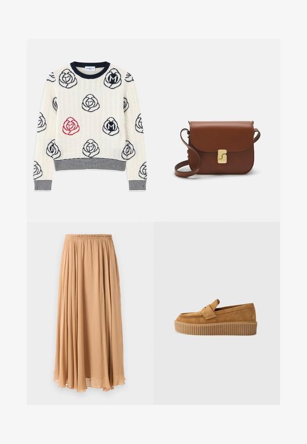 Pletený sveter v krémovej farbe s námorníckymi a červenými vzormi ruží. Má rebrovaný výstrih a manžety, a vodorovný pruhovaný lem.; Maxi sukňa v svetlej béžovej farbe, vyrobená z voľného materiálu. Má zhrnutý elastický pás a jemné záhyby pre pohodlný pohyb.; Hnedé semišové mokasíny s okrúhlym špičkou, s rebrovanou platformovou podrážkou a dekoratívnym pásikom cez hornú časť.; Hnedá kožená kabelka s klopou, zlatými kovovými prvkami, ramenným popruhom a hladkým povrchom. Kompaktný obdĺžnikový tvar.