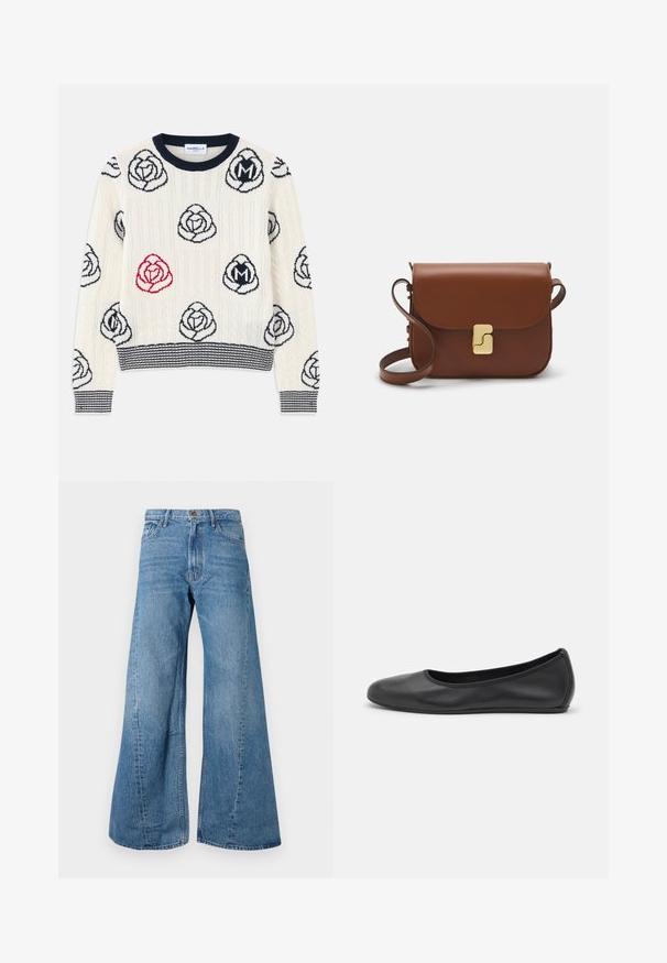 Knit sweater in cream with navy and red rose patterns. Features a ribbed neckline and cuffs, and horizontal striped hem.; Wide-leg blue denim jeans with a high waist, featuring classic five-pocket styling and slight fading for texture.; Black leather ballet flat with a rounded toe, smooth texture, minimal stitching detail, and a flexible sole design.; Brown leather handbag with a flap closure, gold-tone hardware, a shoulder strap, and a smooth texture. Compact rectangular shape.