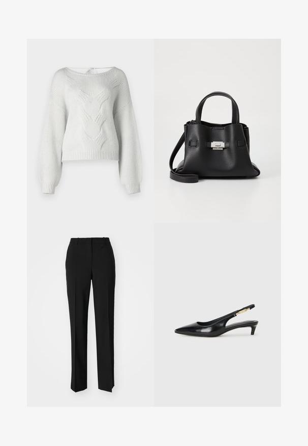 Pulover tricotat de culoare gri deschis, cu decolteu larg, manșete striate și un model texturat de cablu în față. Prezintă un detaliu legat la spate.; Pantaloni negri tailor-ed cu un design drept, având o textură fină și cute clare pe față. Fără elemente de prindere vizibile.; Sandale slingback din piele neagră cu vârf ascuțit, având un toc subțire și un accent de culoare aurie pe curea ajustabilă. Textură netedă.; Geantă de mână din piele neagră cu o finisare texturată, având două mânere superioare, o curea de umăr detașabilă și un detaliu cu închidere din argint.
