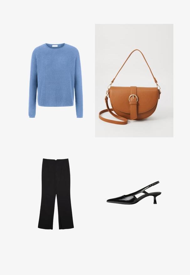 Blå stickad tröja med rund halsringning, långa ärmar och ribbad struktur. Har en avslappnad passform och subtila sömdetaljer fram.; Svarta byxor med rak passform, utrustade med framfickor och sidoklyvningar vid fållen. Tillverkade av mjukt, slätt tyg. Lämpliga för olika tillfällen.; Svart lackläder slingback-klackar med spetsig tå, utskuren sidor och en liten fyrkantig klack. Slät textur med minimala accenter.; Brun läder crossbody-väska med en böjd form, gyllene detaljer och en spänneaccent. Har en avtagbar axelrem.