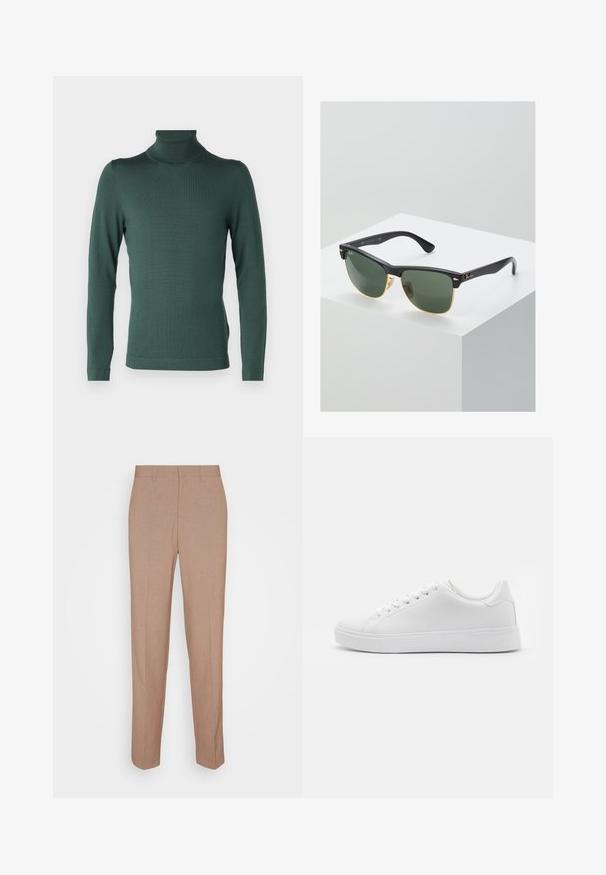 DRYKORN JOEY - Jumper - green; Beige tailored trousers in a smooth, textured fabric. Straight fit with a waistband and no visible embellishments or pockets.; White sneakers with a smooth synthetic upper, round toe, six eyelets for laces, and a low-profile rubber sole with textured detailing.; Ray-Ban sunglasses with green lenses, black plastic frames, and gold accents at the edges. Square shape with a matte finish.