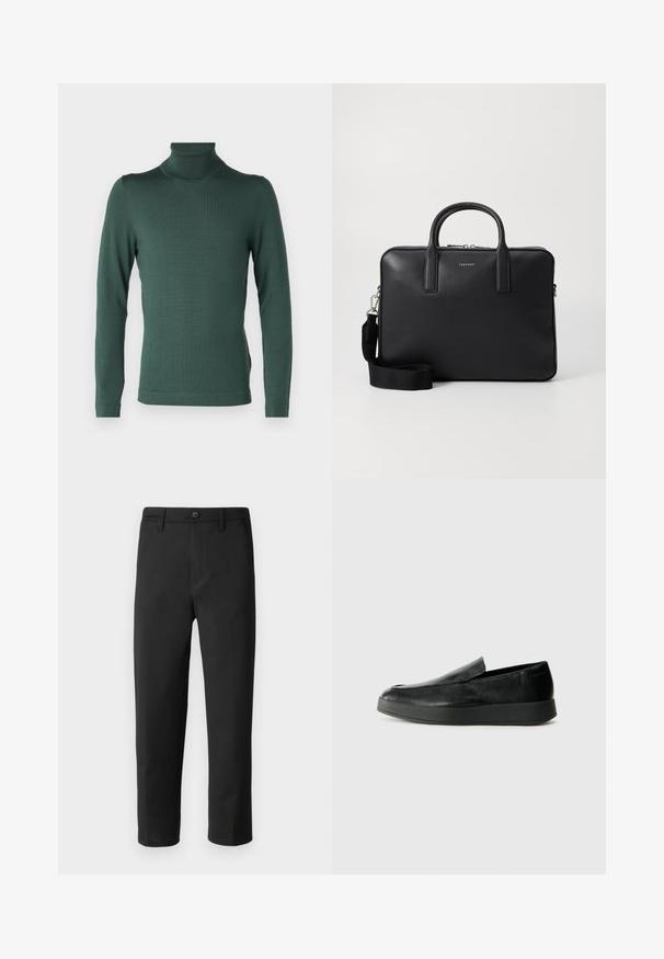 DRYKORN JOEY - Strickpullover - green; Schwarze Hose mit geradem Schnitt, aus glattem Stoff gefertigt. Verfügt über einen Knopfverschluss und Gürtelschlaufen. Keine sichtbaren Muster oder Akzente.; Calvin Klein HYBRID CUP - Slipper - triple black; Schwarze Lederaktenmappe mit strukturiertem Finish, doppelten Griffen, abnehmbarem Schultergurt und einem Logo-Detail an der Vorderseite. Reißverschlussverschluss.