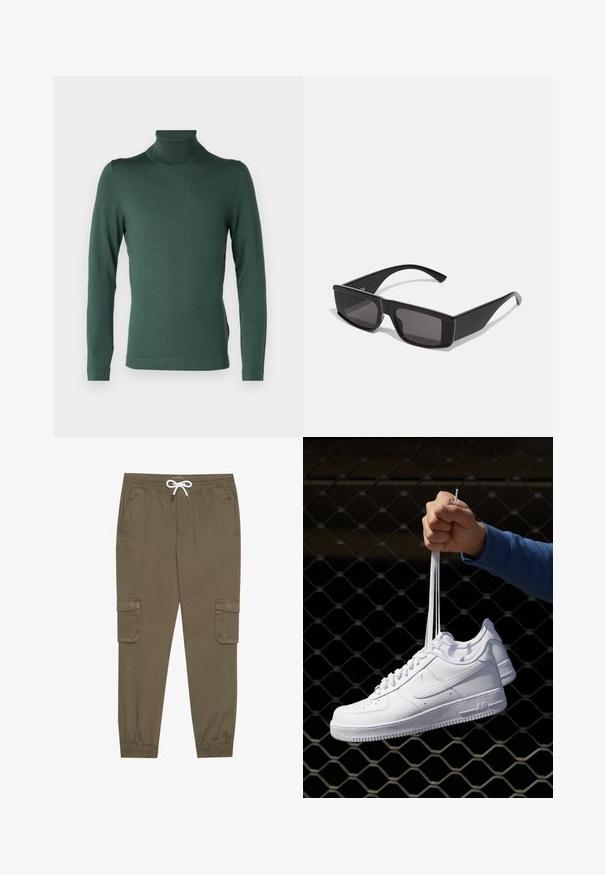 DRYKORN JOEY - Pullover - green; Pantalons cargo kaki avec une taille élastique et un cordon de serrage, dotés de poches latérales et de chevilles côtelées. Fabriqués en matériau texturé et léger.; Baskets en cuir blanc avec perforations, à bout rond, semelle plate et lacets épais, arborant un logo swoosh visible et "AIR" sur le talon.; Lunettes de soleil noires avec des montures rectangulaires et des verres sombres. Fabriquées en plastique brillant, avec un design angulaire et des branches fines.