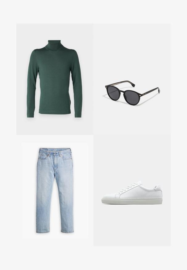 DRYKORN JOEY - Strickpullover - green; Helle blaue Denim-Jeans mit geradem Bein, im Fünf-Taschen-Stil und kontrastierenden Nähten. Knopf- und Reißverschluss an der Taille.; Weißer Sneaker mit glattem Lederobermaterial und niedrigem Profil. Verfügt über eine runde Zehenpartie, sechs Ösen und eine strukturierte Gummisohle.; BOSS Sonnenbrille - black