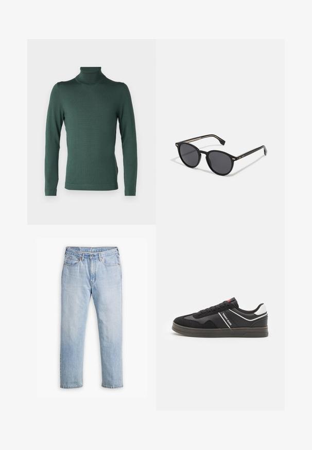 DRYKORN JOEY - Jumper - green; Light blue denim jeans with a straight leg design, five-pocket style, and contrasting stitching. Button and zipper closure at the waist.; Tommy Jeans RETRO CUPSOLE - Trainers - black; BOSS Sunglasses - black