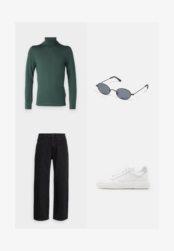 DRYKORN JOEY - Trui - green; Zwarte denim wide-leg broek met een hoge taille, voorzien van vijf zakken en een knoopsluiting. Stof heeft een zachte textuur en een lichte rek.; Witte leren sneakers met een gladde afwerking, ronde neus, platte veters en een gestructureerde zool. Grijze suède accent bij de hiel.; Zwarte ovale zonnebril met donkere glazen en dunne metalen montuur. Heeft slanke veren met een subtiele kromming aan de uiteinden.