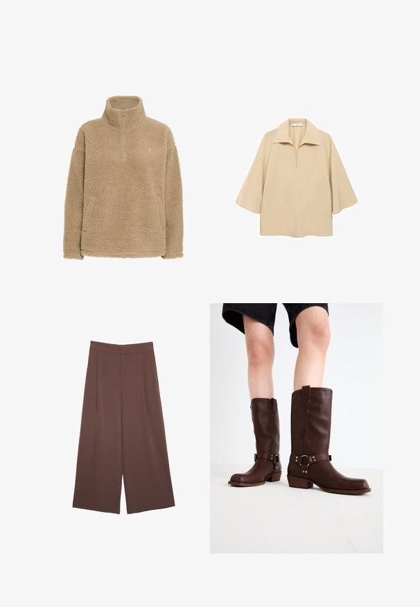 Beige fleece-pullover med halv-zip, høj krave og sidelommer; har en struktureret, blød overflade og en afslappet pasform.; Beige bluse lavet af letvægtsstof, med en bred krave, halv plissé og ærmer til albuen med en løs pasform.; Brune bredbunde bukser med en glat tekstur, der har høj talje og plisseringer foran. Stoffet er let og falder løst.; Brune læder knæhøje støvler med rund tå, struktureret overflade, ankelrem og sølvhardware detaljer; stablet hæl.