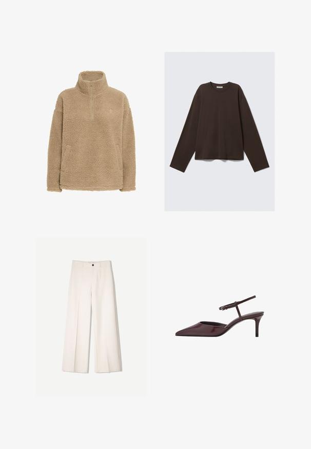 Pulover bej din fleece cu fermoar la jumătate, guler înalt și buzunare laterale; are o suprafață texturată, moale și o croială lejeră.; Cămașă lungă cu mâneci, de culoare maro, dintr-un material moale, cu guler rotund și croi lejer, având un design simplu, fără modele sau detalii suplimentare.; Pantaloni largi de culoare crem, cu un design croit, având două buzunare la față și o închidere cu un singur nasture în față, realizați dintr-un material neted.; Cizme cu toc slingback din piele lacuită burgundy, cu vârful ascuțit, curea subțire la gleznă și toc stiletto moderat. Finish neted și strălucitor.