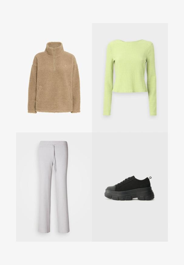 Beige fleece pullover met halve rits, hoge kraag en zijzakken; heeft een gestructureerd, zacht oppervlak en een ontspannen pasvorm.; Lange mouw cropped top in een gestructureerde lichtgroene stof met een hoge halslijn en een iets getailleerde silhouet. Geen zichtbare patronen of accenten.; Lichtgrijze, ribbelstof loungebroek met een tailleband met trekkoord en wijduitlopende pijpen. Soepele textuur, volledige lengte.; Zwarte sneakers met een stevige rubberen zool, textiel bovenwerk, ronde neus en vetersluiting. Beschikt over versterkte oogjes en een trekstrip aan de achterkant.