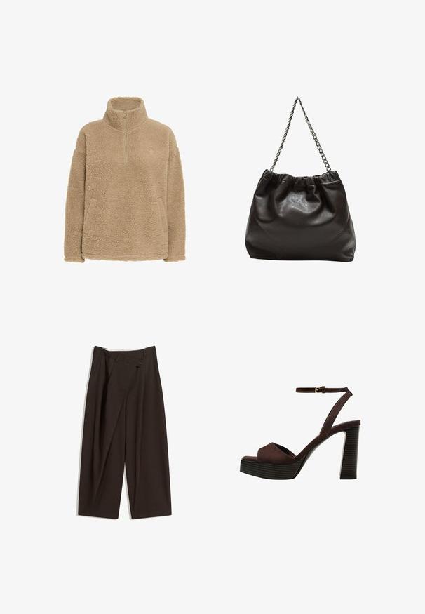 Beige fleece pullover with half-zip, high collar, and side pockets; features a textured, soft surface and a relaxed fit.; Dark brown wide-leg trousers with a high waist, featuring a single button closure and a pleated front. Made from lightweight fabric.; Brown suede high-heeled sandal with an open toe, adjustable ankle strap, and a striped platform sole.; Brown leather bag with a gathered top and a chain strap. Smooth texture with a glossy finish and subtle seam detailing on the sides.