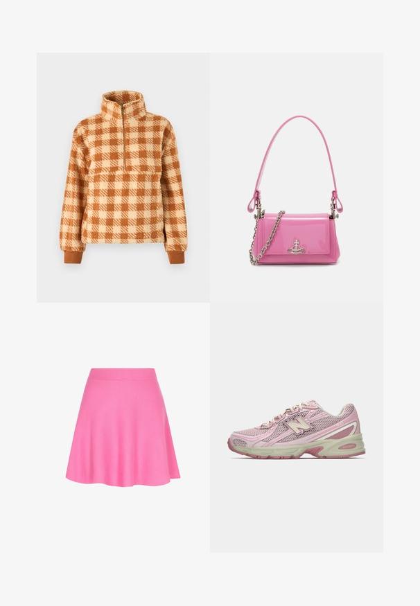 Bruin en crèmekleurig geruit sweatshirt van fluffy materiaal, met een halfritskraag en geribbelde manchetten voor een comfortabele pasvorm.; Roze gebreide rok met een aansluitende tailleband en een uitlopende vorm, gemaakt van zachte stof die een soepele textuur toevoegt.; Roze en beige New Balance 740 sneaker met een bovenwerk van mesh en kunstleer, vetersluiting en een gevoerde zool, weergegeven in zijprofiel.; Roze gepatineerde lederen handtas met een rechthoekige vorm, afneembare kettingriem en zilveren hardware detail aan de voorkant.