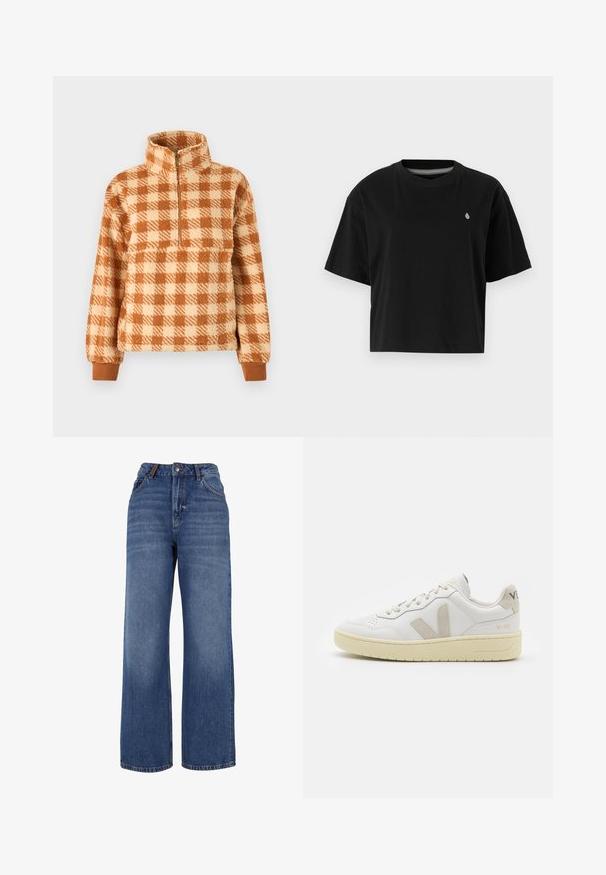 Barna és krémszínű kockás pulóver bolyhos anyagból, félcipzáros gallérral és bordás mandzsettákkal a szoros illeszkedés érdekében.; Fekete, pamutból készült rövid ujjú, kerek nyakú cropped póló, bal mellen egy kis fehér logóval.; Bőszárú farmernadrág, közepes súlyú kék pamutból készült. Klasszikus öt zsebes dizájn és cipzáras, gombos záródás jellemzi.; Fehér bőr sneaker bézs velúr részletekkel, perforált orr résszel, lapos fűzőkkel és textúrált krémszínű talppal. Finom márkajelzés található a sarkán.