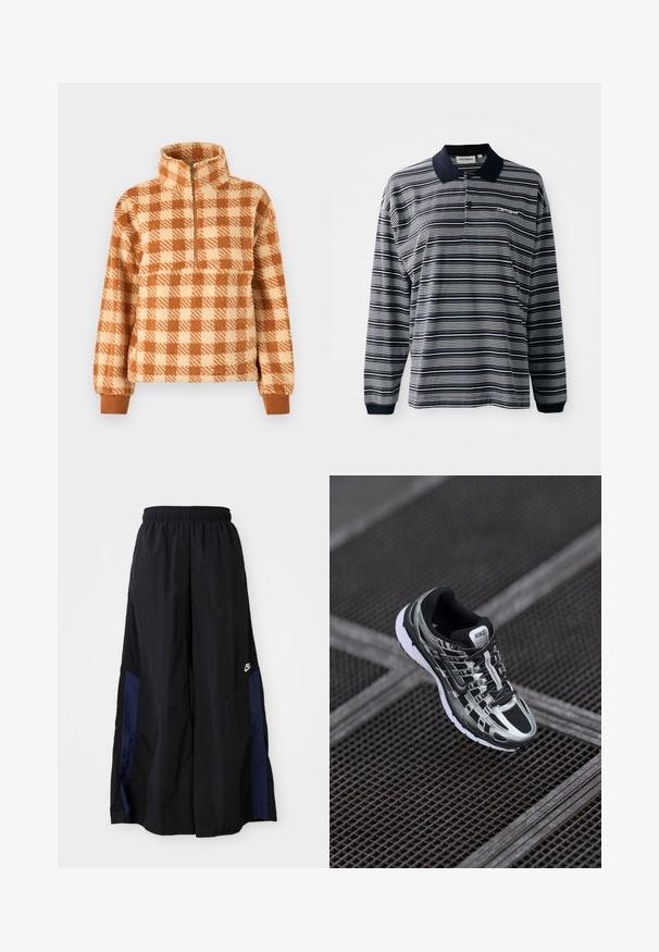 Pullover checkered marrone e crema realizzato in materiale morbido, con colletto a mezza zip e polsini a coste per una vestibilità aderente.; Polo a maniche lunghe a righe blu navy e bianche, in tessuto di cotone, con colletto, patta con tre bottoni e un piccolo logo ricamato sul petto.; Pantaloni neri a gamba larga realizzati in tessuto leggero, con un pannello laterale blu navy e una cintura elastica. Piccolo logo bianco sul fondo.; Scarpa da corsa Nike con una combinazione di colori nera e argento, tomaia in rete, suola testurizzata e sistema di allacciatura per una vestibilità sicura.