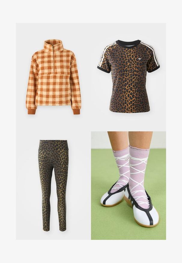 Brown and cream checkered pullover made of fluffy material, featuring a half-zip collar and ribbed cuffs for a snug fit.; Leopard print T-shirt with short sleeves, black ribbed crew neck, and white side stripes. Made from soft fabric with a relaxed fit.; Leopard print leggings featuring a high waistband, stretchy fabric, and black accents on a light brown base, designed for comfort and fit.; White flat shoes with a black trim and sole, paired with light purple ribbed socks featuring white crisscross straps. Set on a green background.