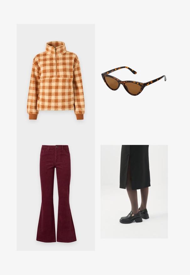 Pulover cu carouri maro și crem, confecționat din material pufoș, cu guler cu fermoar pe jumătate și manșete ribbate pentru o potrivire confortabilă.; Jeansi fendi bordeaux din corduroy, cu cinci buzunare, închidere cu nasture frontal și țesătură texturată. Flarurile se extind de la genunchi până la tiv.; Pantofi din piele neagră cu vârful rotund, toc bloc gros și accente elastice pe lateral, asortați cu colanți închiși la culoare și o fustă neagră cu o fanta.; Ochelari de soare în stil cat-eye, cu o ramă din material cu tortoiseshell negru și portocalie, lentile maro și vârfuri elegante, ascuțite. Prezintă un logo minimal pe brățara ochelarilor.