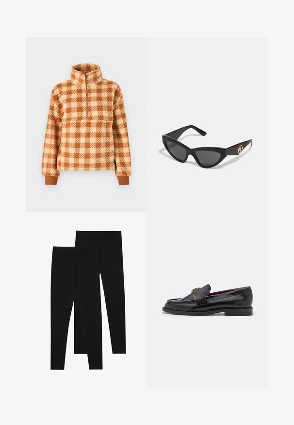Jersey de color marrón y crema con cuadros, confeccionado en un material esponjoso, que presenta un cuello con media cremallera y puños acanalados para un ajuste ceñido.; Leggings negros de tejido elástico, con una cinturilla sin costuras y un diseño ajustado, adecuados para uso casual o ejercicio.; Mocasines de cuero negro con un patrón de costura, textura suave, detalle de hebilla dorada y puntera redondeada, sobre una suela baja negra.; Gafas de sol estilo cat-eye con un marco de plástico negro mate, lentes oscuros y un acento dorado del logo en la patilla. Diseño angular y textura suave.