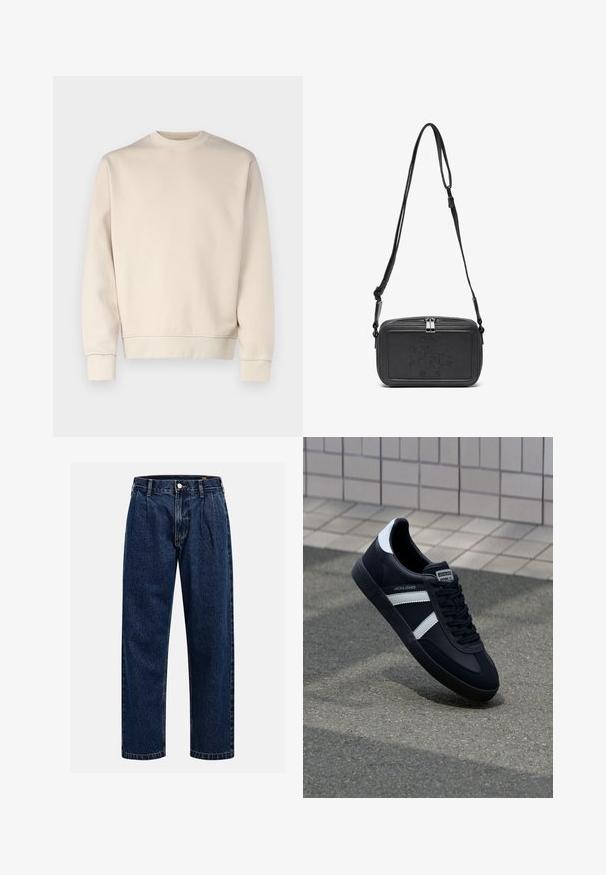 Bežs džemperis brīvā piegriezumā, ar apaļu kakla izgriezumu, garām piedurknēm, ribotām aprocēm un apakšmalu. Gluda tekstūra ar minimālu dekoru.; Tumši zilie džinsu bikses ar taisna kāju dizainu. Iezīmējas redzamas šuves, pogu aizdare un priekšējie gurni papildu detaļām.; Melnā ādas sporta apavi ar baltām svītrām, teksturēta gumijas zole un auklu aizdare. Iekļauj zīmola etiķeti uz mēles.; Melna ādas soma uz pleca ar zīmolu, slēdzamu rāvējslēdzēju un regulējamu siksnu. Gluda tekstūra un taisnstūru forma.