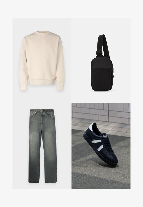 Beiger Sweatshirt in lockerer Passform, mit Rundhalsausschnitt, langen Ärmeln, gerippten Bündchen und Saum. Glatte Textur mit minimaler Dekoration.; Jack & Jones JJIALEX JJCOOPER - Baggy Jeans - black denim; Schwarze Leder-Sneaker mit weißen Streifen, strukturiertem Gummisohle und Schnürung. Verfügt über ein Markenetikett auf der Zunge.; Schwarze Umhängetasche aus robustem Gewebe, mit einem verstellbaren Tragegurt, einem Reißverschluss-Hauptfach und einer Fronttasche.