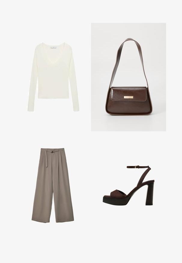 Top bianco a maniche lunghe con scollatura a V profonda, tessuto a costine sulle spalle e design aderente. Etichetta visibile sulla scollatura.; Pantaloni a gamba larga in un morbido tessuto grigio tenue, con vita con cintura e pieghe per un tocco di design aggiuntivo. Texture liscia, senza motivi.; Sandal in camoscio marrone con tacco alto, punta aperta, cinturino alla caviglia regolabile e suola a piattaforma striata.; Borsa a spalla in pelle marrone con una forma strutturata, dotata di chiusura a patta magnetica e un accento di logo metallico sul davanti.