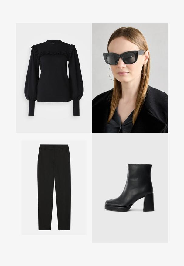 Svart strikkegenser med rund hals, rynkede detaljer på livstykket, og romslige ermer med tettsittende mansjetter.; Sorte bukser med skreddersydd design, med sidelommer og rett ben. Laget av glatt, lett stoff med en elegant finish.; Sorte skinnankelsko med blokkhæl og plattformsåle, sett fra siden på en enkel hvit bakgrunn.; Sorte katteøyne solbriller med mørke linser, tykke rammer og subtile detaljer. Båret med en svart frakk og grå topp, med langt, rett hår.
