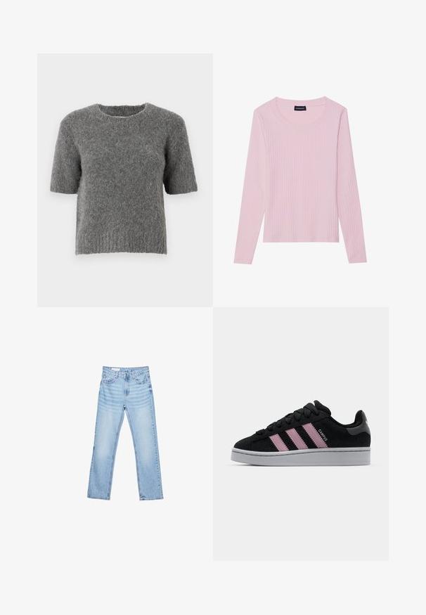 Maglione a maniche corte in morbido knit grigio, con scollatura a girocollo e orlo a coste. La texture appare soffice con una vestibilità casual.; Top a maniche lunghe ribattuto di colore rosa chiaro con scollatura rotonda e silhouette aderente. Realizzato in morbido tessuto testurizzato. Design minimalista, senza motivi.; Jeans in denim azzurro chiaro con taglio dritto, design a cinque tasche e cuciture visibili. Vita a media altezza con chiusura classica a bottone e zip.; Sneaker in suede nera con design a tre strisce rosa, suola in gomma grigia e linguetta con texture. Presenta il marchio sui lati e sul tallone.