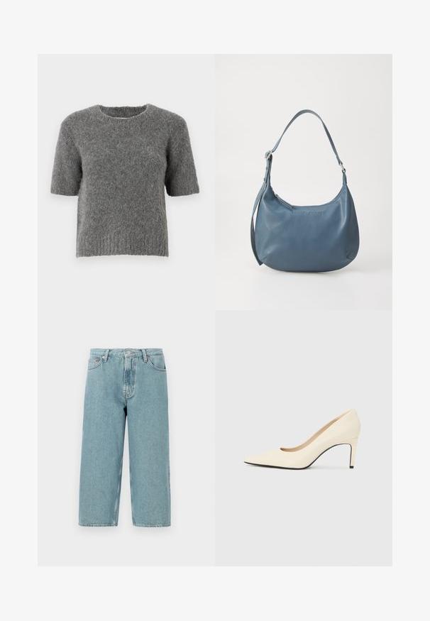 Pulover kratkih rukava od mekog sivo pletenog materijala, s okruglim izrezom i rebrastim rubom. Tekstura izgleda pahuljasto uz ležeran kroj.; Svijetloplave traper šortse s visokim strukom, ravnog kroja i neuređenim rubom. Imaju klasično kopčanje na gumb i rajsferšlus, te četiri džepa.; Bijele visoke potpetice od kože s oštrom nožnom kapom, glatkom teksturom i crnim naglaskom na potplatu. Klasični dizajn s umjerenom visinom pete.; Plava kožna torba u obliku kruške, s jednim remenom za rame, zatvaranjem na patentni zatvarač i utisnutim nazivom brenda sprijeda. Glatka tekstura.