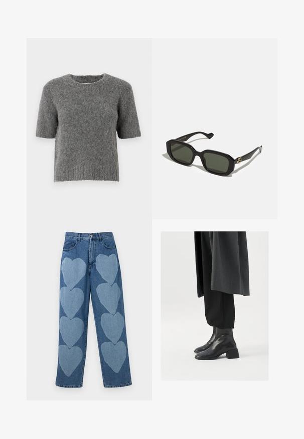 Short-sleeve sweater in soft gray knit, featuring a crew neckline and ribbed hem. The texture appears fuzzy with a casual fit.; Denim jeans with a relaxed fit, featuring applied light blue heart patterns on the front, five pockets, and a button closure.; Black leather ankle boots with a square toe and chunky heel, worn with loose black trousers and a dark gray coat. Smooth surface texture.; Black rectangular sunglasses with solid green lenses, featuring a glossy finish and a gold logo accent on the side.