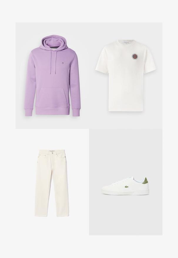 GANT SHIELD HOODIE - Pusa - orchid lilac; Valge puuvillane T-särk lühikeste varrukatega, millel on vasakul rinnal ümmargune sinine ja oranž "Tennis Heritage" logo.; Kreemjas denimist püksid sirge lõikega, millel on kaks esist pockets, nööpkinnitus ja peen bränding vöökoha lähedal.; Valged tossud siledast materjalist, millel on roheline aktsent kannaosas ja väike tikandiga krokodillilogo külgedel.