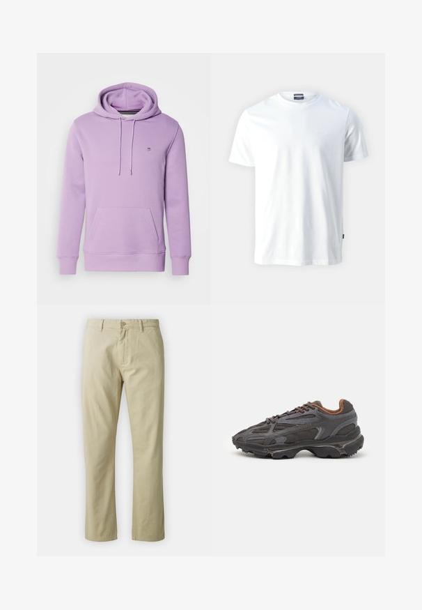 GANT SHIELD HOODIE - Luvtröja - orchid lilac; Vit bomull crewneck T-shirt med korta ärmar, med en subtil präglad "Joop!"-logotyp på bröstet och en rak nederkant.; Beiga bomullsbyxor med rak benform, framknäppning och bälteshällor. Slät textur, inga synliga mönster eller detaljer.; Lacoste-sneakers i mörkgrått med nät och syntetmaterial, med en strukturerad sula och bruna detaljer på kragen och varumärket.