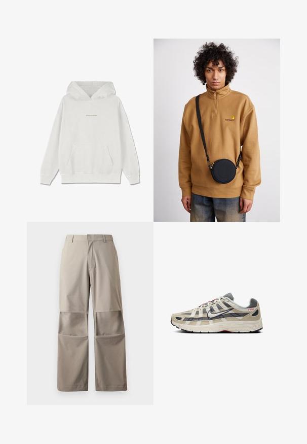 Fehér pamut kapucnis pulóver, elülső zsebbel, bordás mandzsettákkal és világos bézs "PEGADOR" logóval a mellkason.; Krémszínű, bő szárú nadrág sima anyagból, nagy, foltvarrott zsebekkel, laza fazonnal, sima elejével és övhurkokkal.; Beige színű futócipő szürke hálós és velúr részletekkel, fehér akcentusokkal, fekete talppal, piros márkázással és egyedi keresztmintázattal a felső részen.; Barna negyedzipzáras polárpulóver hímzett logóval, amelyet egy fekete, cipzáras, logós részlettel ellátott keresztpántos táska alatt viselnek farmernadrág felett.