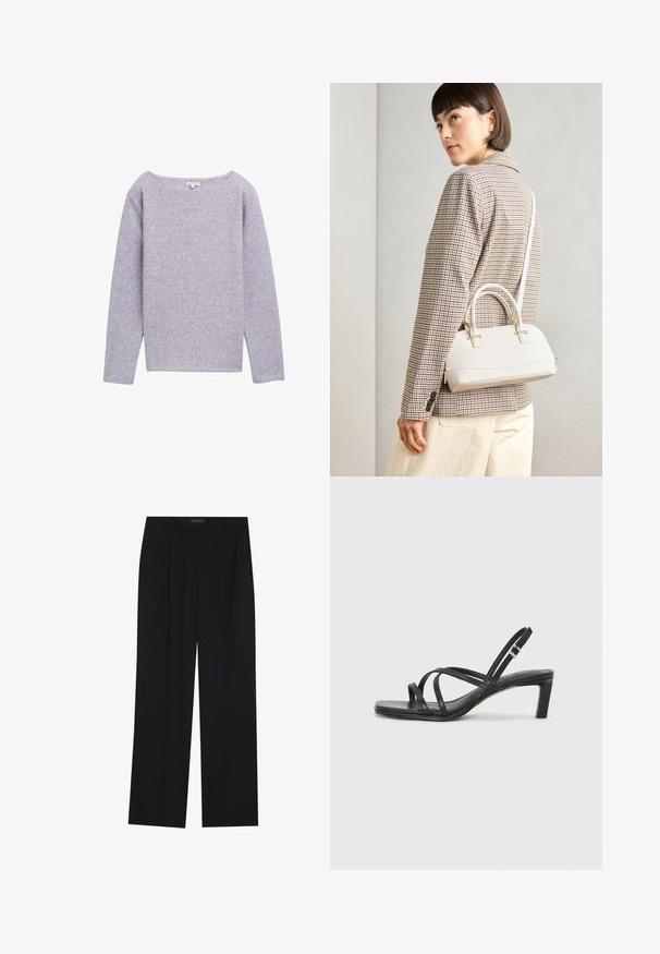 Pull long à manches longues de couleur violet clair avec un col large, une texture douce et un tissu côtelé. Présente un ourlet droit et un design minimaliste.; Pantalons noirs à coupe droite, dotés de deux poches avant et d'une taille. Fabriqués dans un tissu lisse et léger.; Sandale noire à lanières avec un bout carré et un petit talon bloc. Elle présente plusieurs fines lanières et une sangle de cheville ajustable. Fabriquée en cuir lisse.; Sac à main structuré blanc avec de courtes poignées et une bandoulière, doté de accents en métal doré et d'un matériau texturé, présenté sur un fond gris.